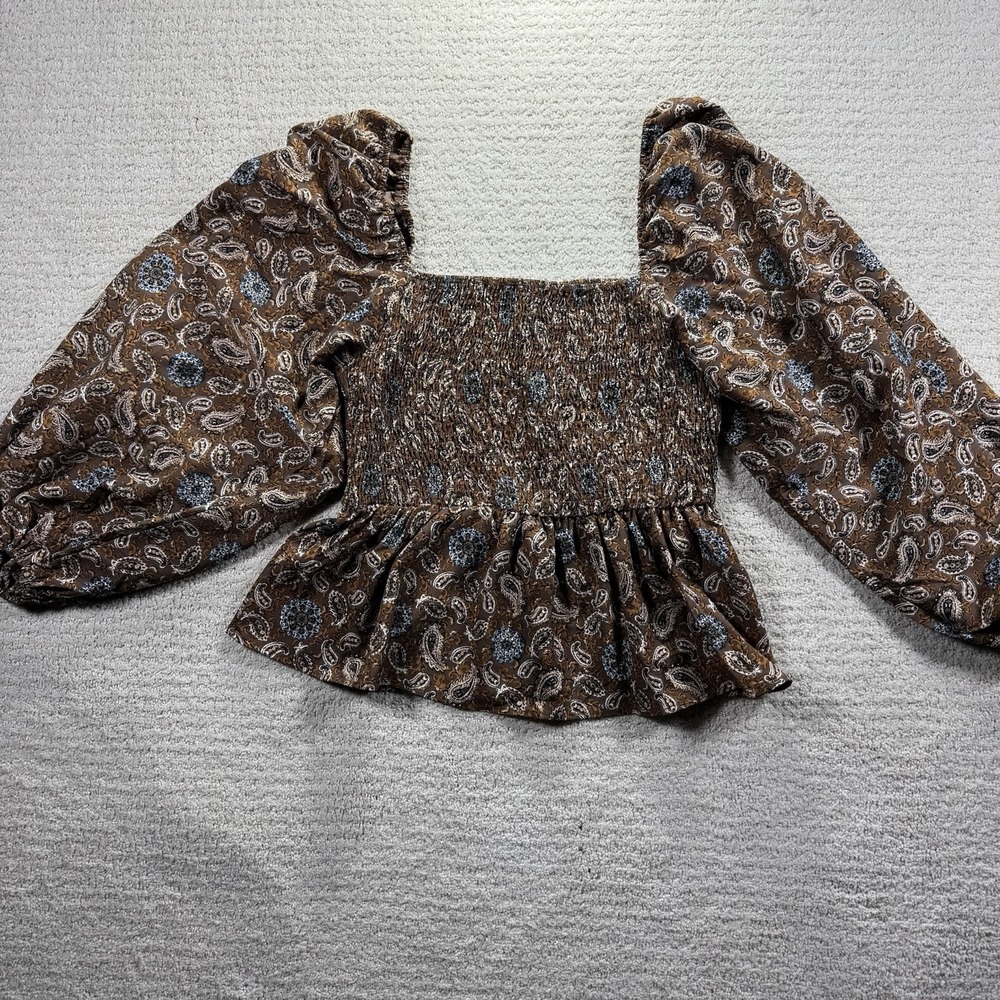 Blu Pepper Brown Paisley Square Neck Smocked Peplum Blouse W/balloon Sleeves Med